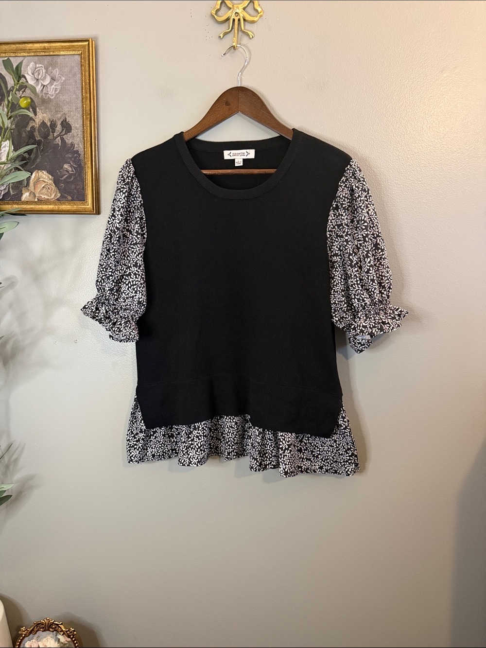 Nanette Nanette Lepore Black Floral Ruffle Hem Puff Sleeve Top L - Picture 6 of 9